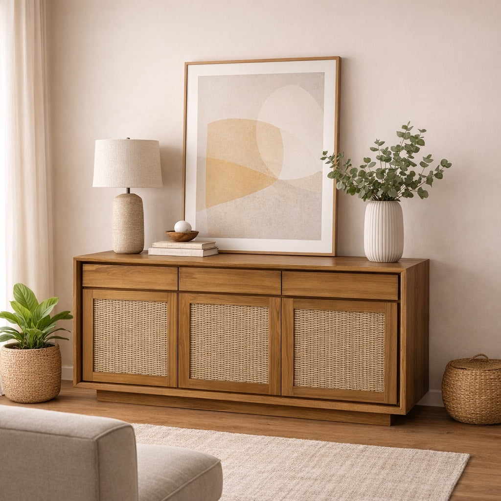 Oslo Natural Teak Indoor Sideboard with Fabric Doors - 61"