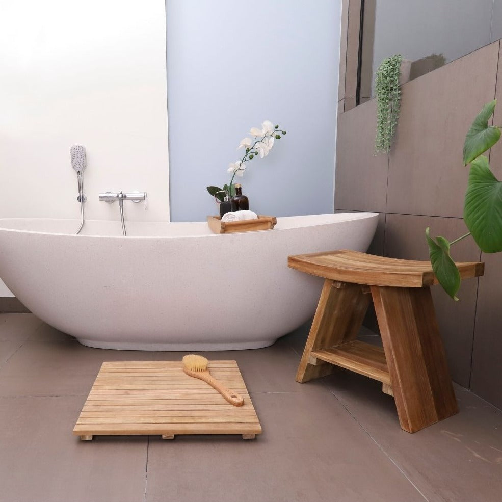 Siena Natural Teak Shower and Bath Stool with Curved Seat and Shelf