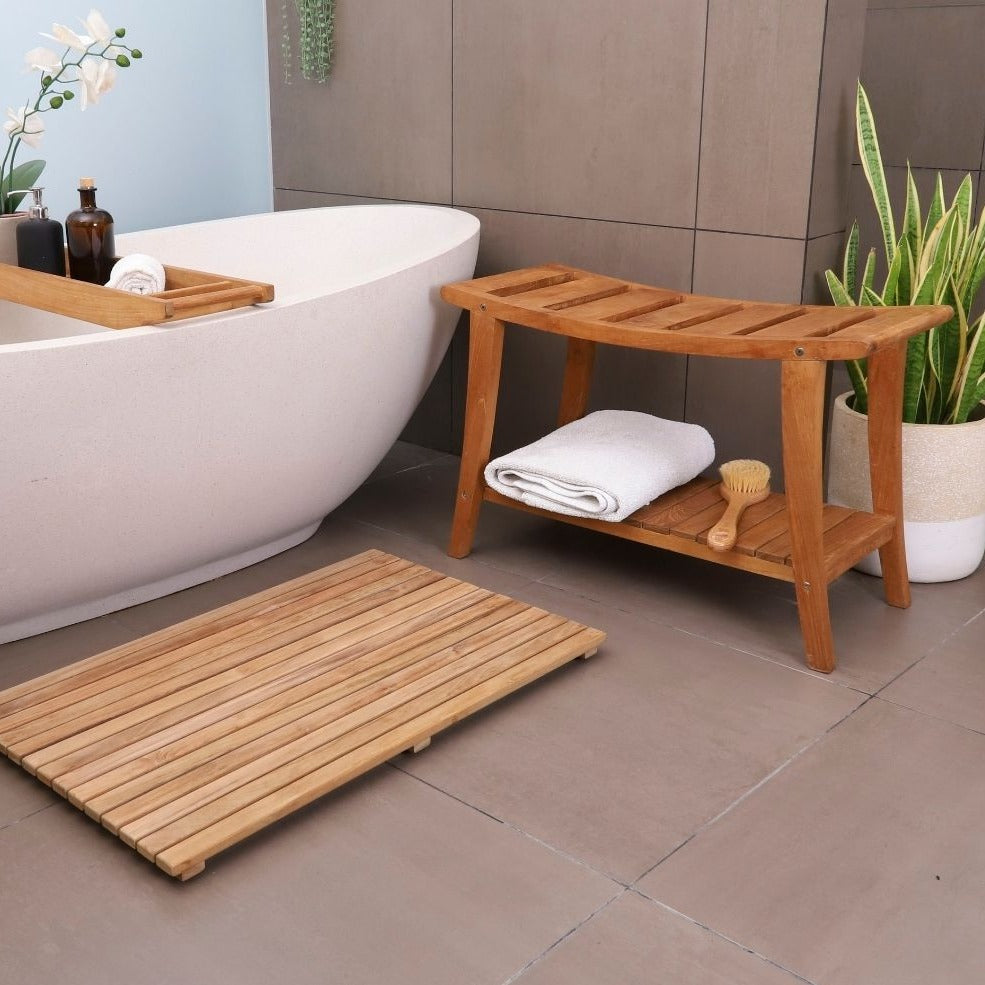 Taipei Natural Teak Shower and Bath Curved Spa Bench with Shelf