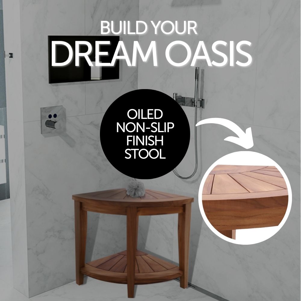 Tanzania Oiled Teak Shower and Bath Corner Stool with Shelf