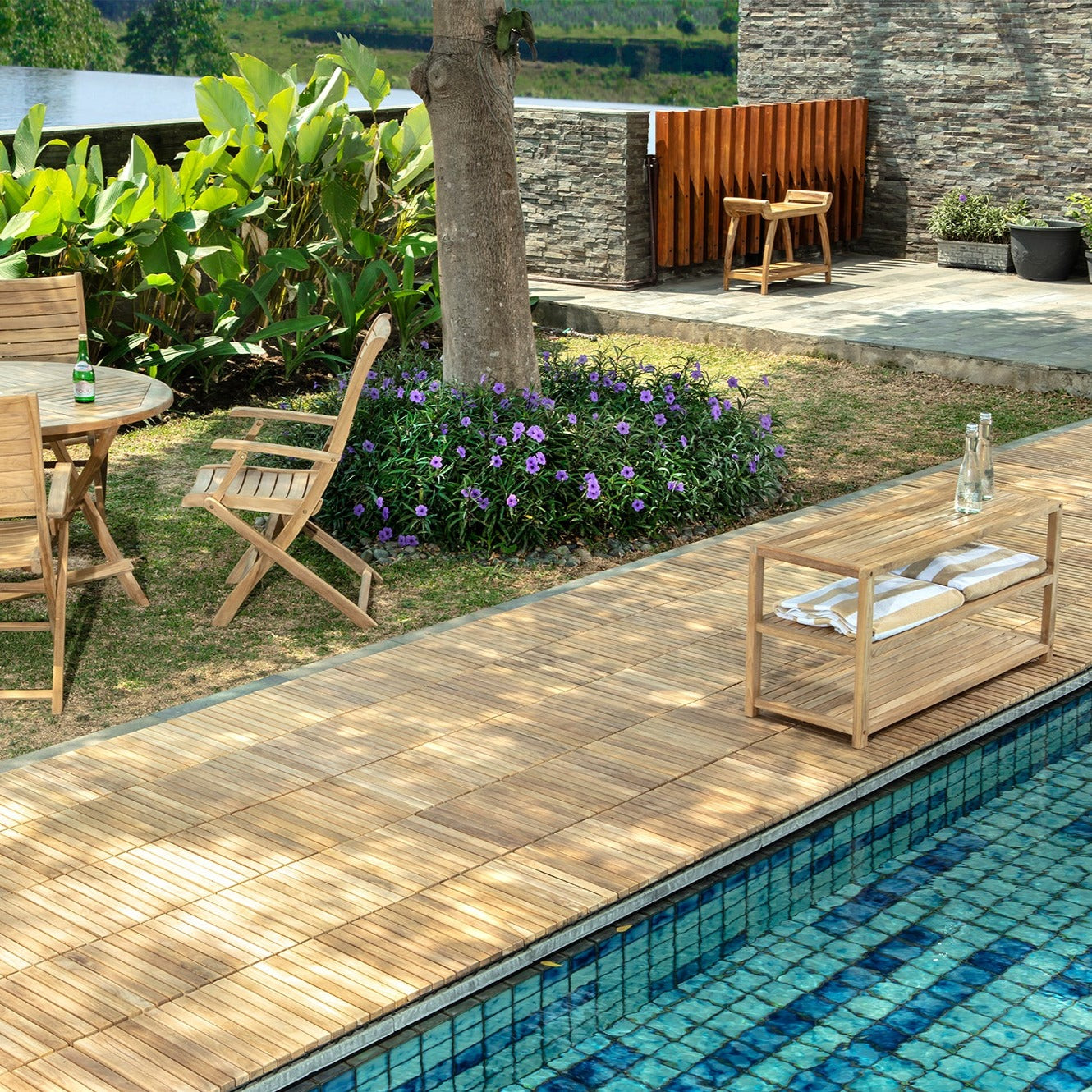Denali Natural Teak Outdoor Interlocking Tiles, 9 Slat (10 sq ft)