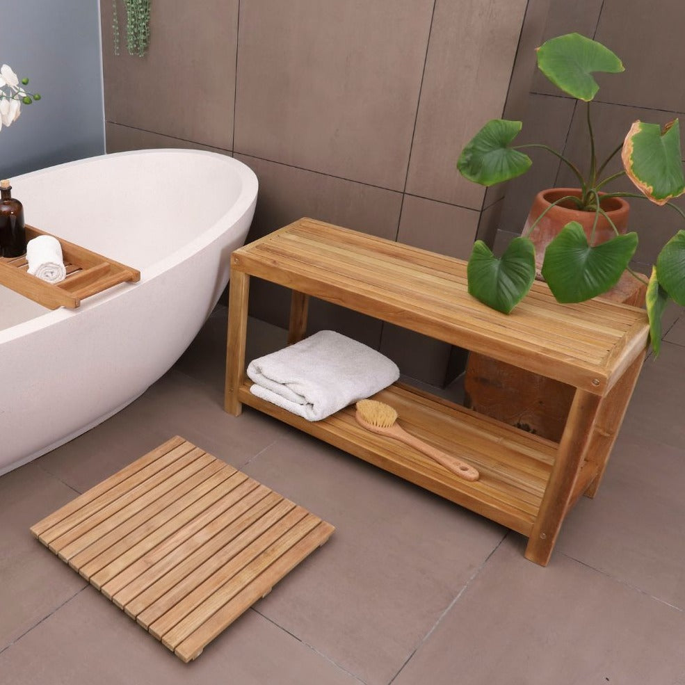 Bali Natural Teak Shower and Bath Spa Bench with Shelf - 35"