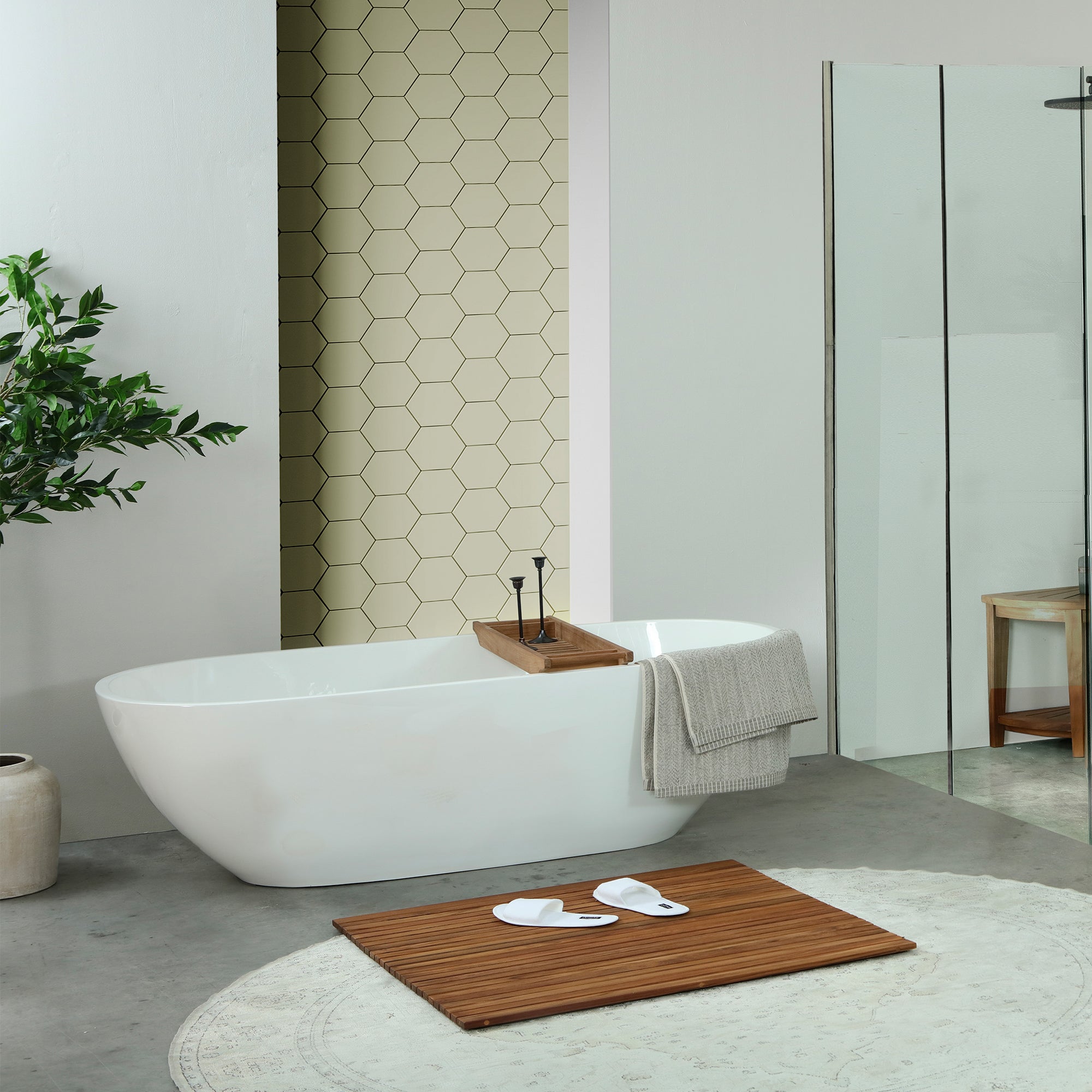 Chiba Teak Shower and Bath String Mat with Rubber Footing 36″ x 36"