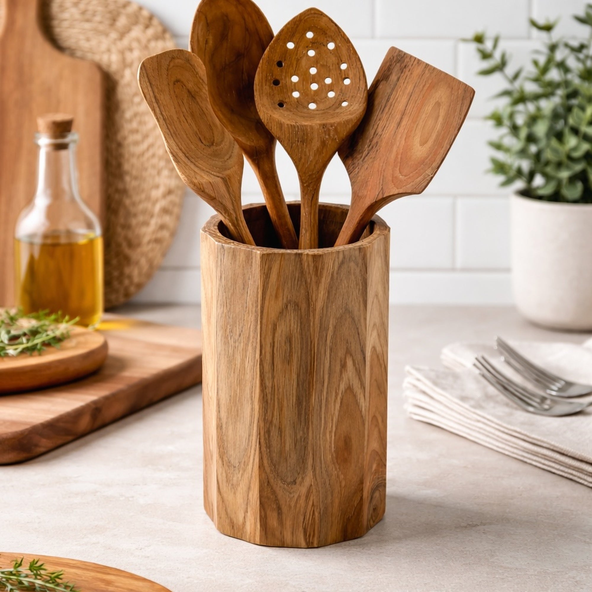 Teak Utensil & Utensil Holder - SET
