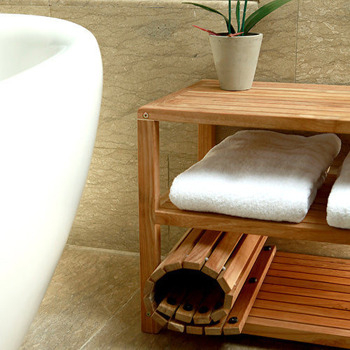 BATHROOM TEAK WOOD SHOWER AND BATH MAT WITH SHOWER STORAGE BENCH