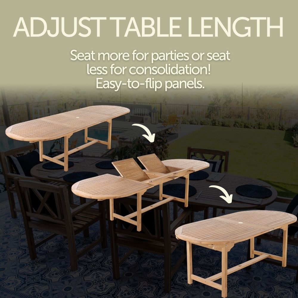 Stockholm Adjustable 6-8 Person Natural Teak Outdoor Dining Table – 79″-118″