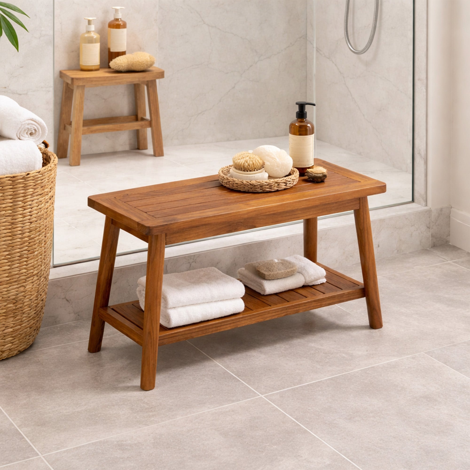 Oiled Teak Shower and Bath Decor Bench with Shelf - 30"