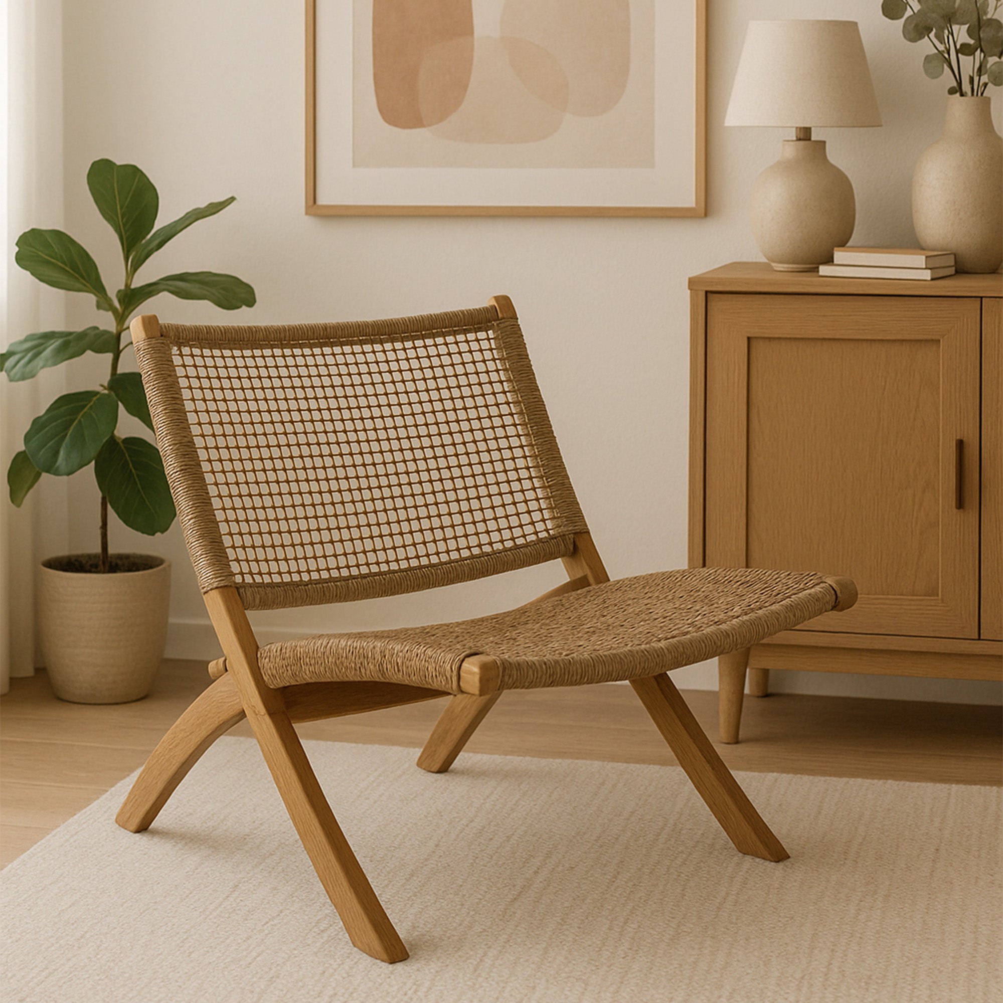 Jamaican Natural Outdoor Folding Lounge Chair with Polystrand Seat