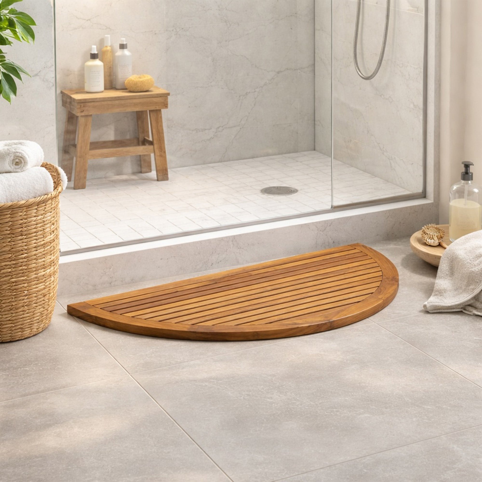 Oiled Half Moon Teak Shower and Bath Mat 39" x 20"