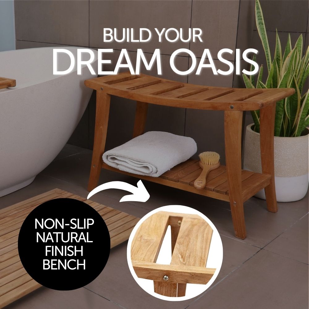 Taipei Natural Teak Shower and Bath Curved Spa Bench with Shelf