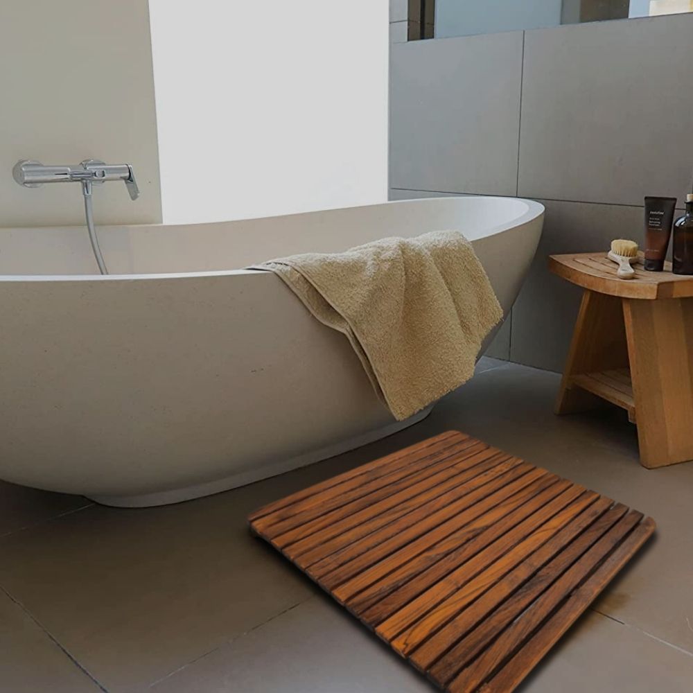 Nordic Style 24 in. x 24 in. Natural Beige Teak Indoor and Outdoor Shower/Bath Mat