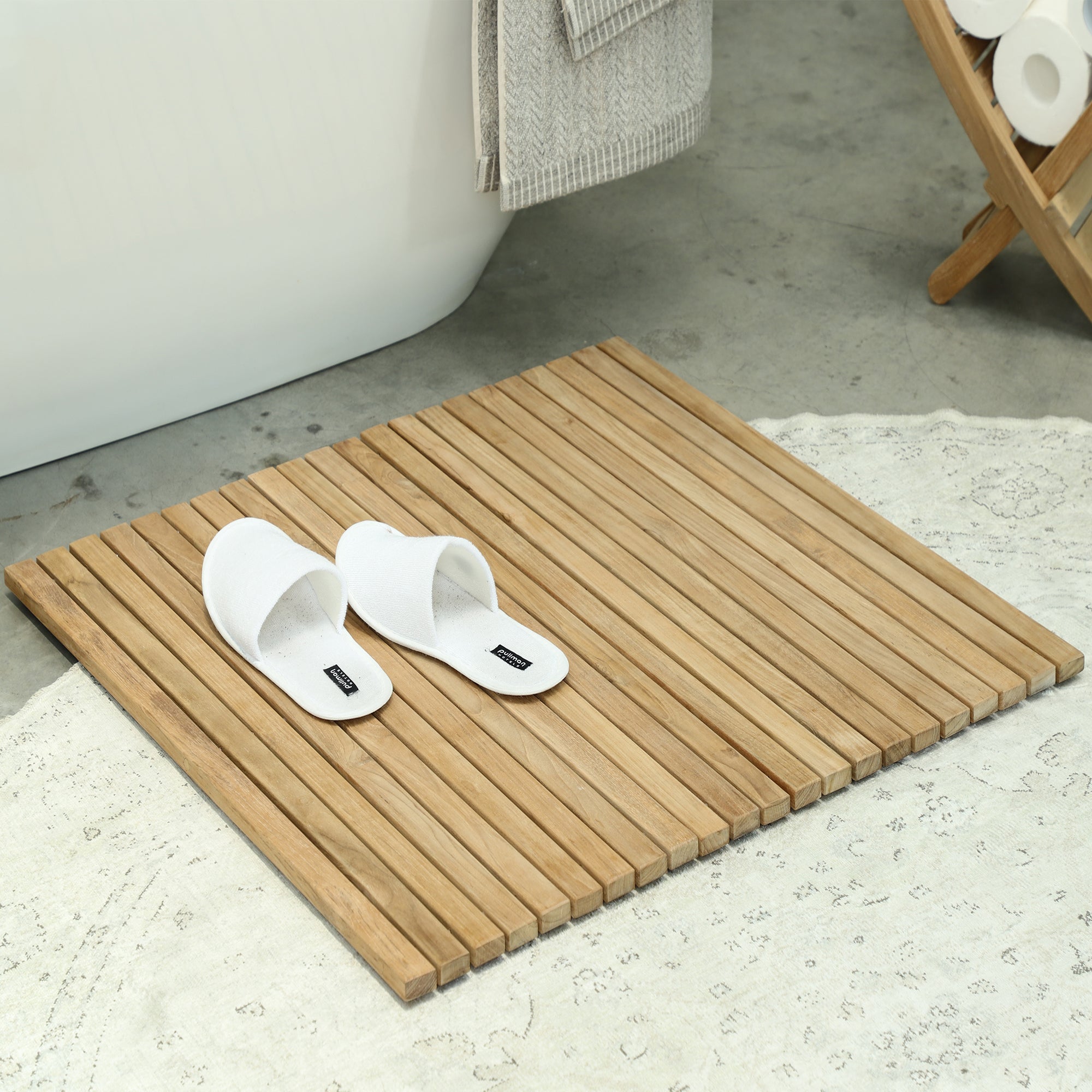 Chiba Teak Shower and Bath String Mat with Rubber Footing 36″ x 36"