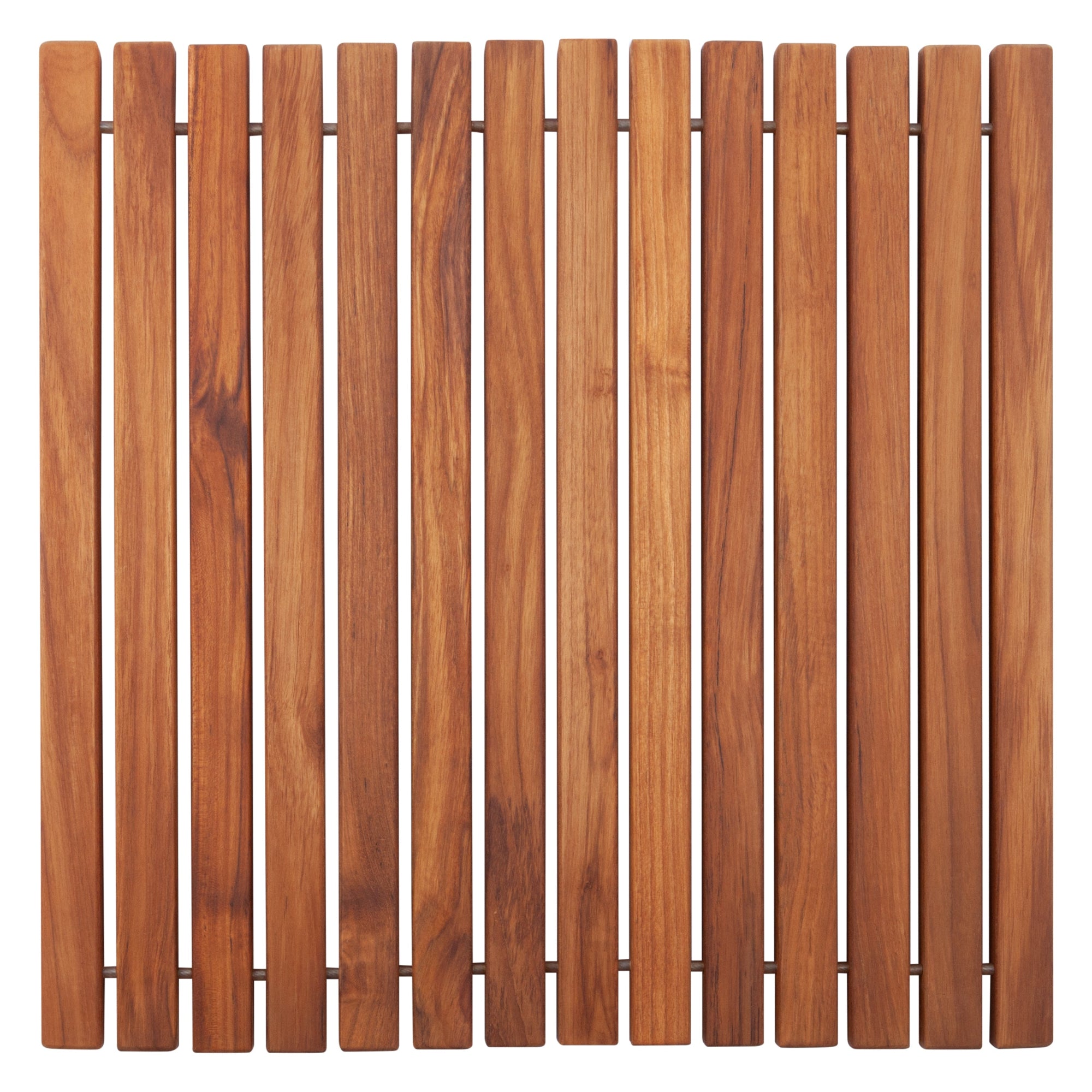 A teak wood roll-up shower mat with rubber footing placed on a tiled bathroom floor, next to a bathtub and a wooden stool, with a natural finish.