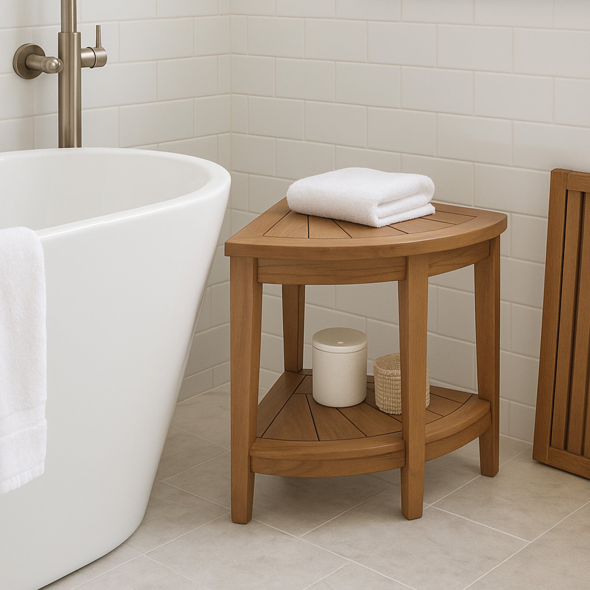 Tanzania Oiled Teak Shower and Bath Corner Stool with Shelf - 17.5"