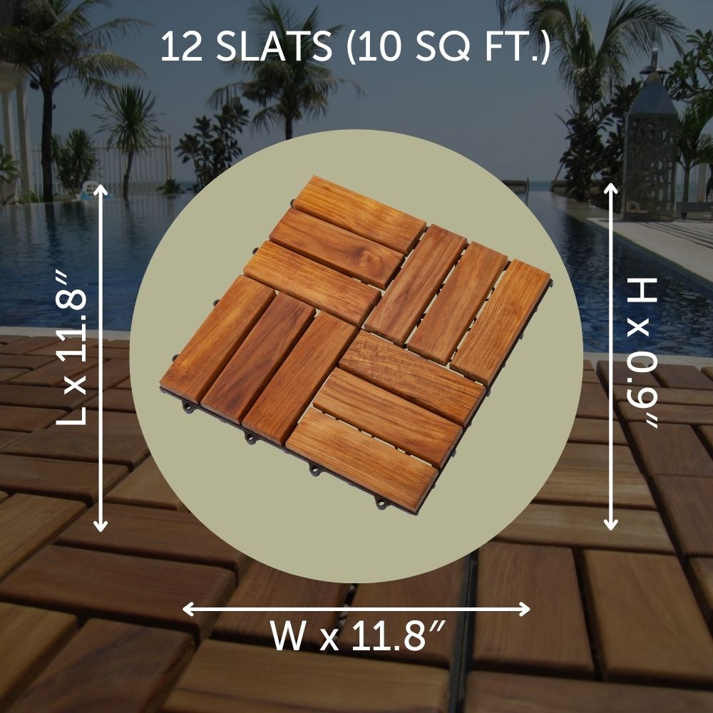 Carlsbad Oiled Teak Outdoor Interlocking Tiles, 12 Slat (10 sq ft)
