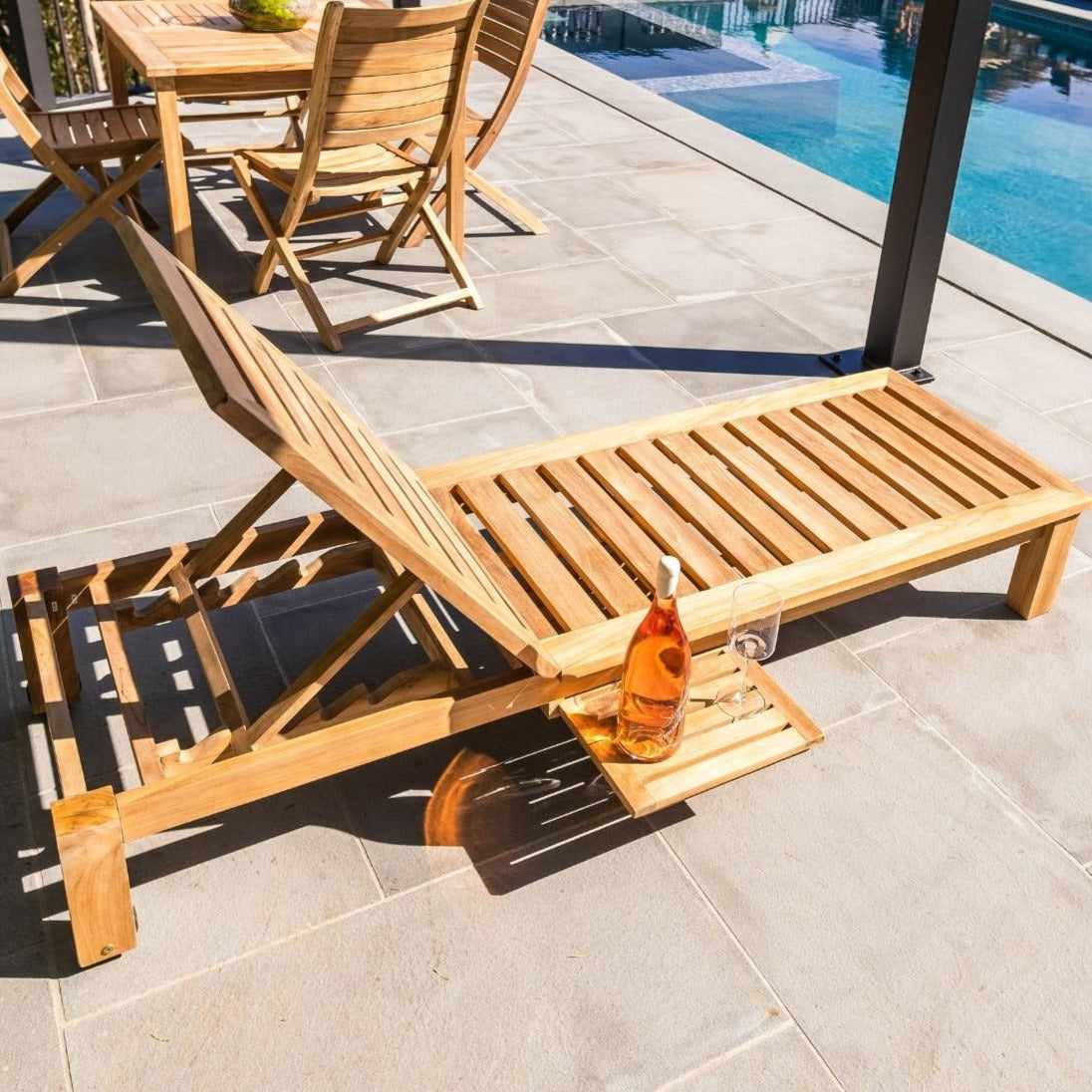 Cancun Natural Teak Outdoor Chaise Lounger with Side Table
