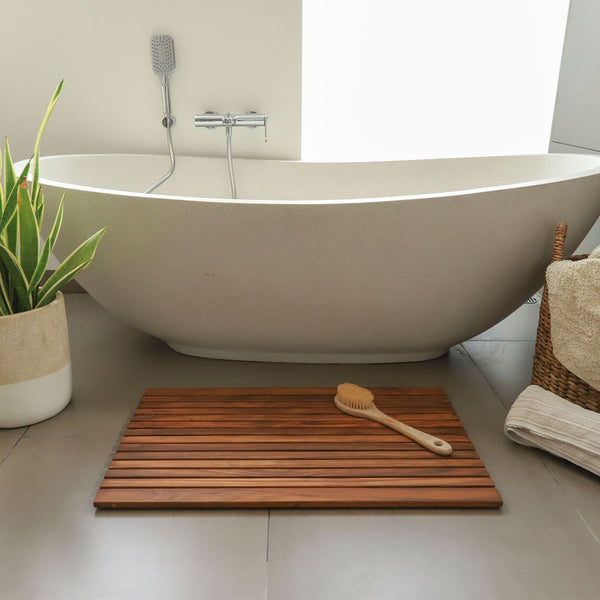 Spokane Extra Large Oiled Teak Shower and Bath String Mat with Rubber